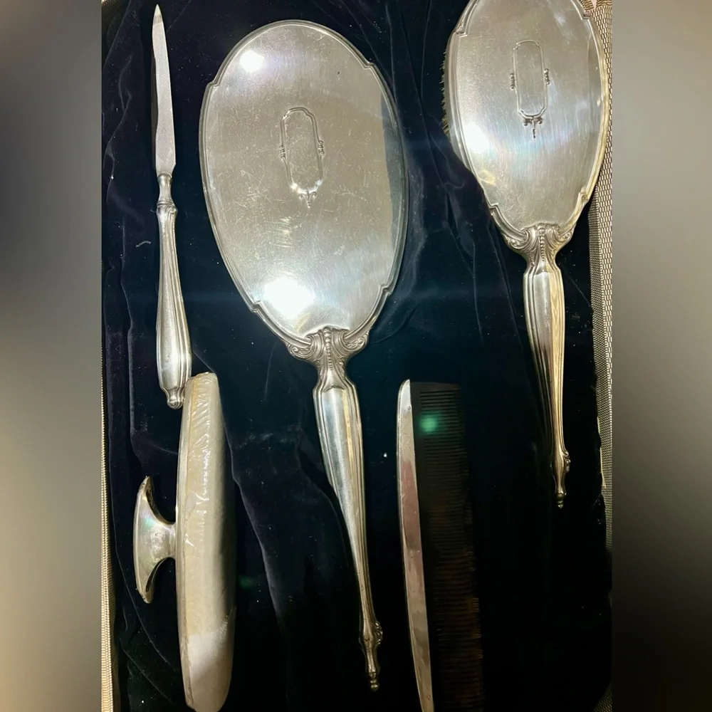 Elegant Silver Vanity Set with Case